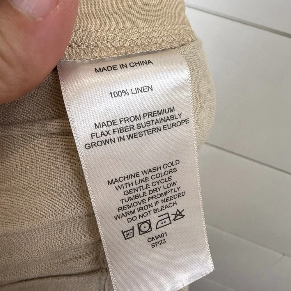 Quince‎ 100% EUROPEAN Linen Wide Leg CROP Pants DRIFTWOOD WOMEN L Elastic Waist